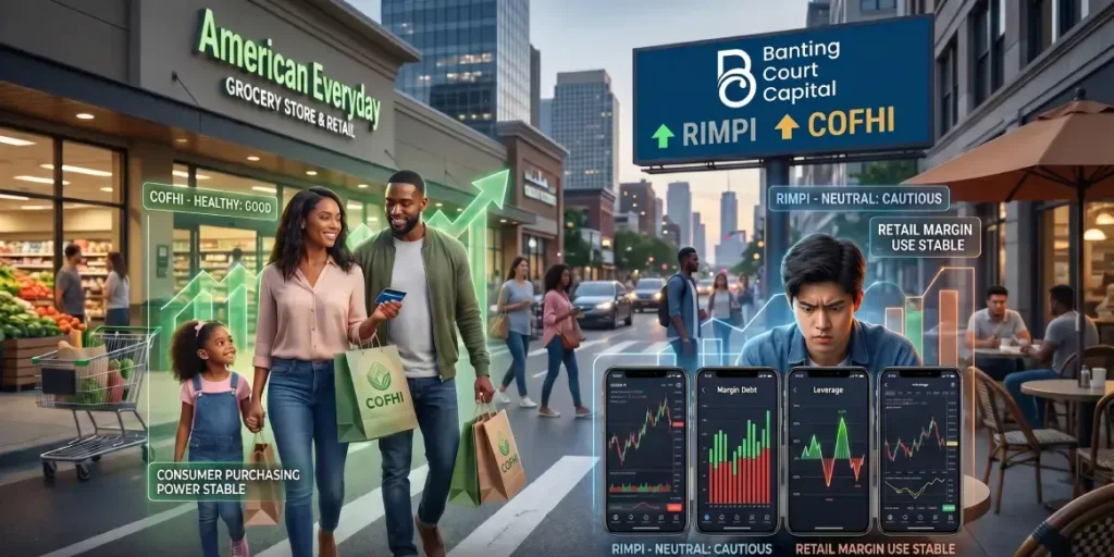 A picture showing an American family walking downtown with a trader sitting at a table on the side. Banting Court Capital's RIMPI and COFHI indexes are highlighted on a billboard in the background.