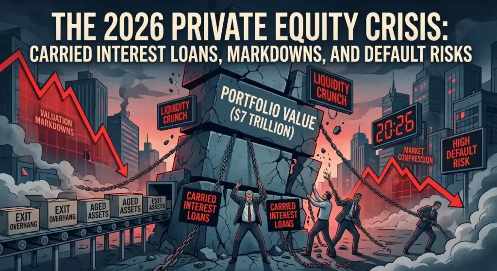 Post apocalyptic style theme that features men in suits tied down by carried interest loans as old assets and ride a conveyor