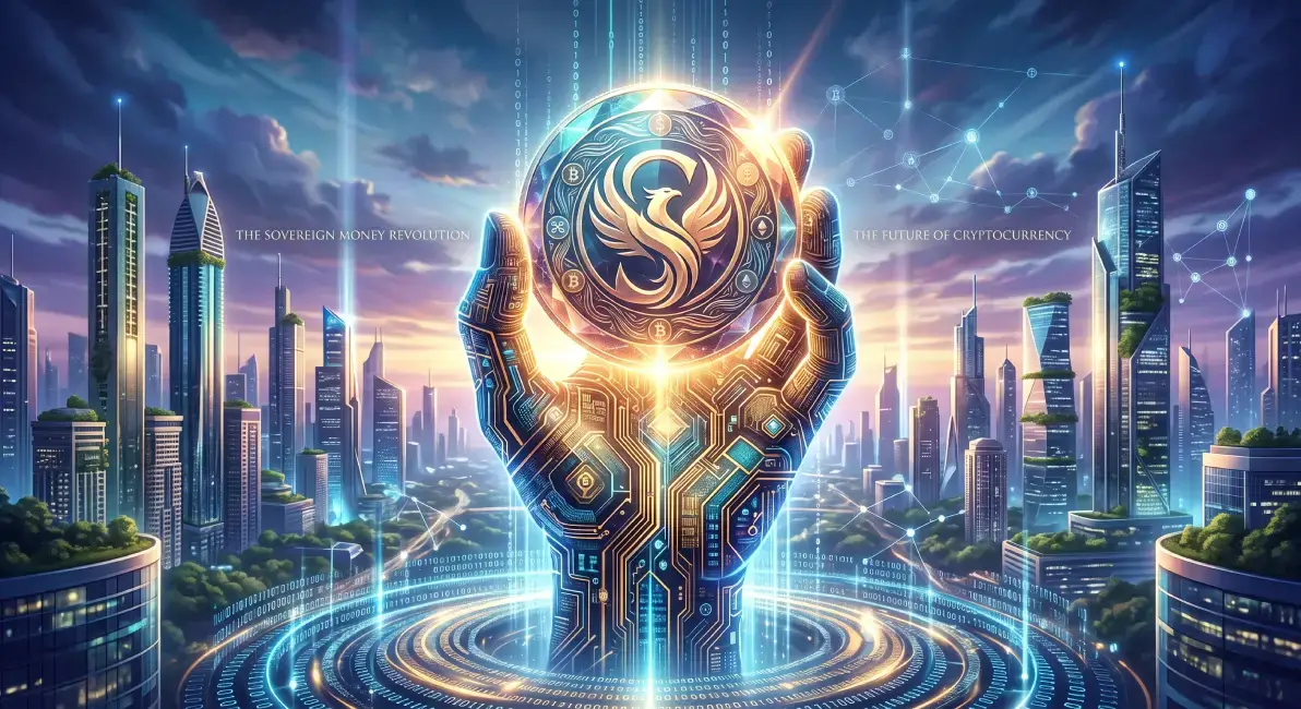 A digitized hand holding up a coin with all the major cryptocurrencies inscribed onto it. Set in a futuristic setting.
