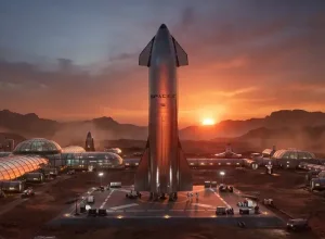 A futuristic glass domed habitat on Mars with a SpaceX starship in the middle