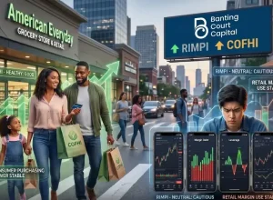 A picture showing an American family walking downtown with a trader sitting at a table on the side. Banting Court Capital's RIMPI and COFHI indexes are highlighted on a billboard in the background.