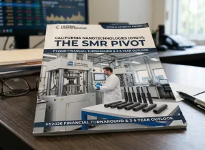 An office with a computer screen and a booklet on the desk that reads "California Nanotechnologies Corp., The SMR Pivot"