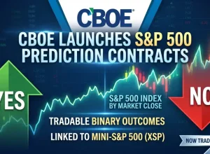 A stock options chart with a yes arrow point up on the left and a no arrow pointing down on the right. Text says "CBOE launches S&P 500 prediction markets"