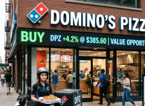 People coming and going at a Domino's Pizza stores