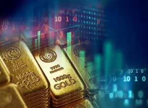 gold bars and candlestick charts