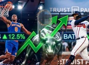 A photo of a New York Knicks basketball player dunking and a Atlanta Braves player hitting the ball with a bull in the middle and stock chart trending upwards.