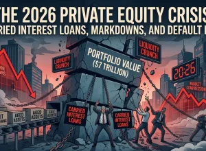Post apocalyptic style theme that features men in suits tied down by carried interest loans as old assets and ride a conveyor