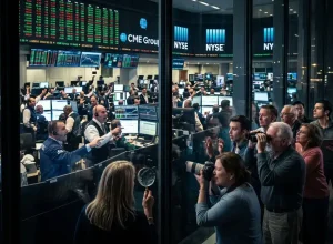 Retail traders outside spying on the NYSE and CME through the glass.