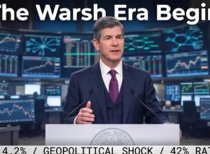 Picture of Federal Reserve Chair, Kevin Warsh in front of a microphone with computers behind him showing trading charts