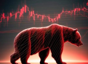 a bear walking in front of a candlestick chart